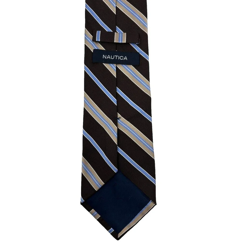 Nautica‎ 100% Silk Brown Tan Blue Striped Classic Necktie 57.25” x 3.5”